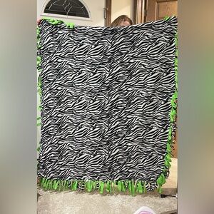 Hand tied Zebra Print Blanket with Green Fringe